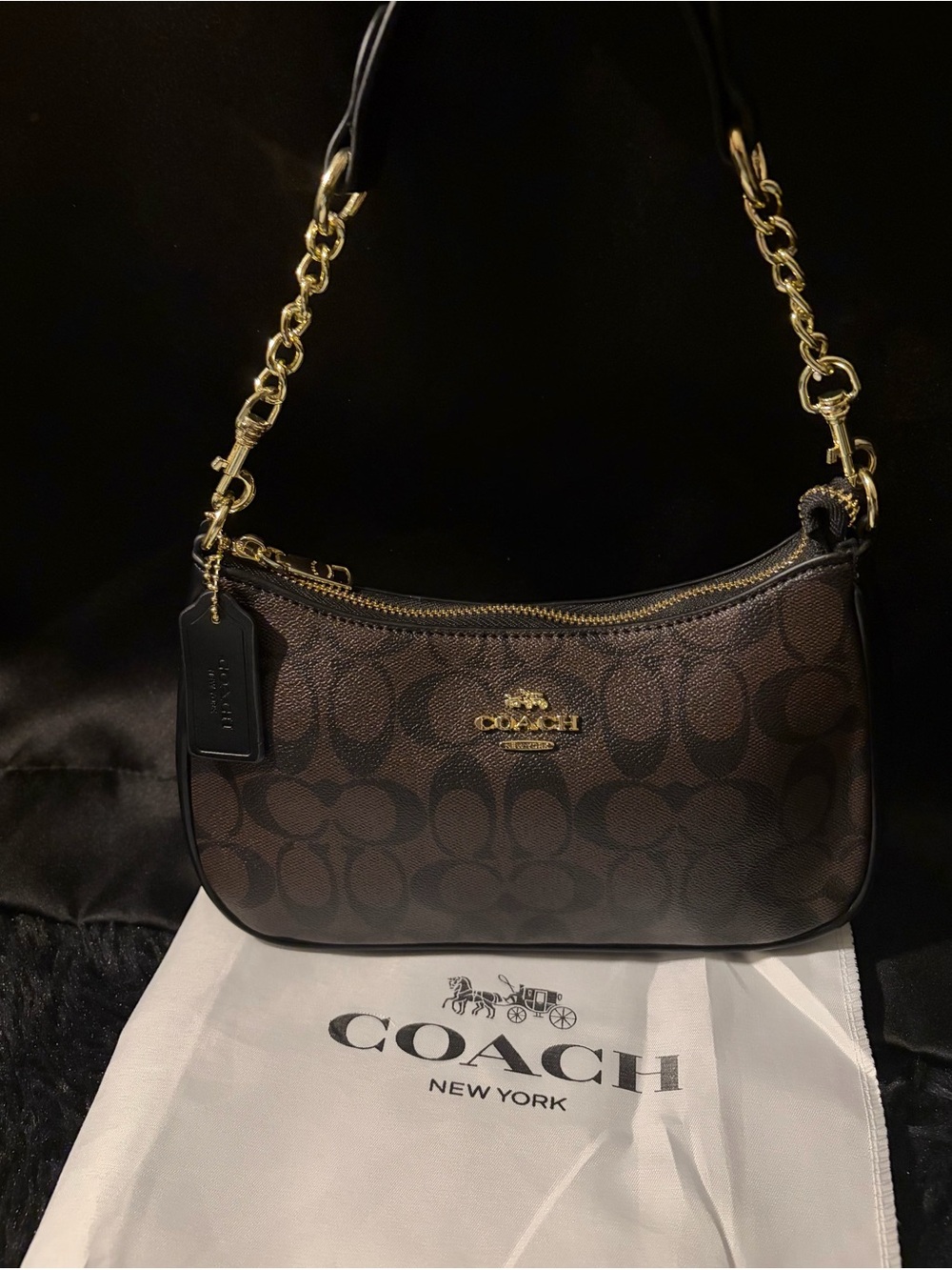 Coach Brown Signature Canvas Shoulder Bag with Gold Hardware